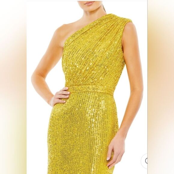 Mac Duggal 26694 Sequined Ruched One Shoulder Gown NWOT size 4 Yellow - Picture 3 of 7